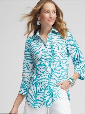 Chico’s No Iron 100% Linen Palms 3/4 Sleeve Shirt Tropical Turquoise Top Size 0